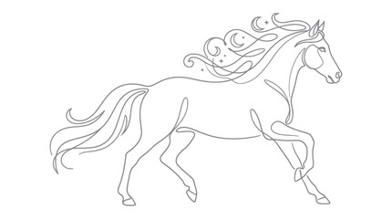 Elegant continuous line drawing of a running horse with flowing mane and tail, stars and crescent moon details. © febri