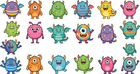 Fototapeta premium Cute Horned Monster and Friendly Alien Character Vector Set for Kids Birthday Invitations, Children Book Illustrations, and Nursery Sticker Graphic Designs