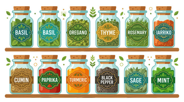 Herbs and Spices Collection in Glass Jars with Labels
