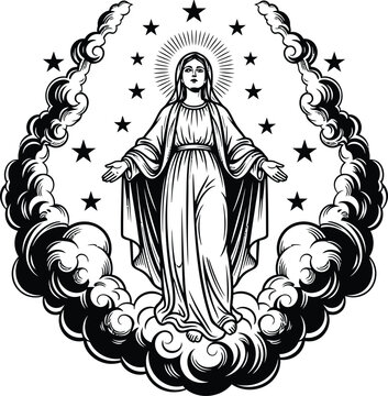 Blessed Virgin Mary Standing on Celestial Clouds with Stars and Radiant Halo Black and White Religious Vector Illustration