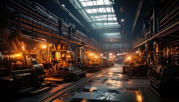 Industrial Factory Interior with Warm Lighting and Machinery.