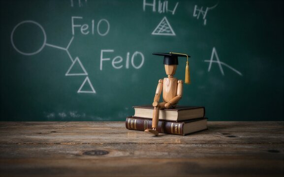 Wooden figure in graduation cap sits atop books, studying before a chalkboard filled with chemistry formulas.