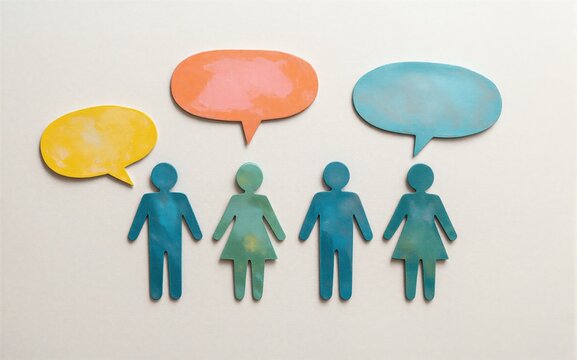 Four colorful cutout figures with speech bubbles above them, symbolizing communication.