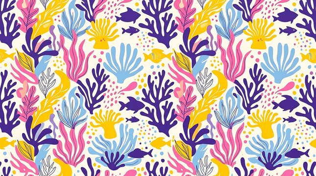 Seamless pattern with colorful coral reef, seaweeds and fish on a white background