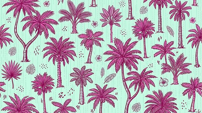 Seamless tropical pattern with pink palm trees and exotic flowers on a light green background