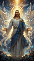 Obraz premium Majestic Jesus Christ with angels in divine light, celestial galaxy background with glowing halo and planets. Religious digital art illustration for spiritual