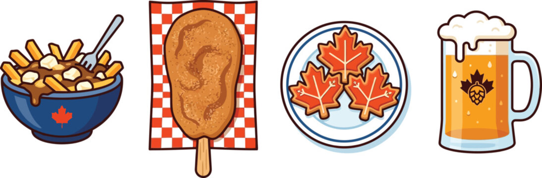Canadian Food and Drink Delights: Poutine, Corn Dog, Maple Leaf Cookies, and Beer