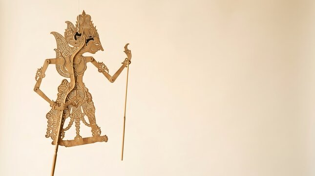 Traditional wayang kulit shadow puppet natural leather cutwork warrior figure suspended on bamboo rod on cream background, Indonesian Javanese cultural heritage art horizontal copy space