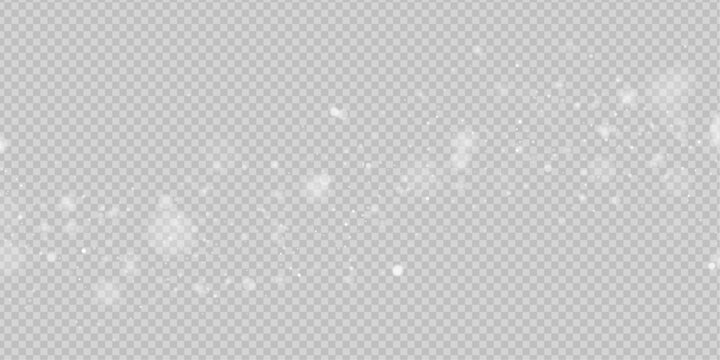 Abstract white glowing dust with sparkling bokeh lights on transparent background. Vector light particles, glitter overlay, soft blur, festive shine. PNG glistering effect. 