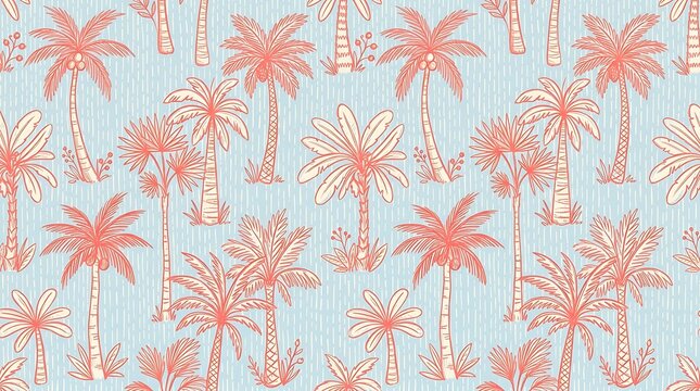 Seamless pattern with handdrawn tropical palm trees on a light blue background