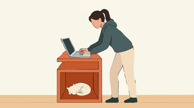 Woman working on laptop at home with a sleeping cat in a cubby