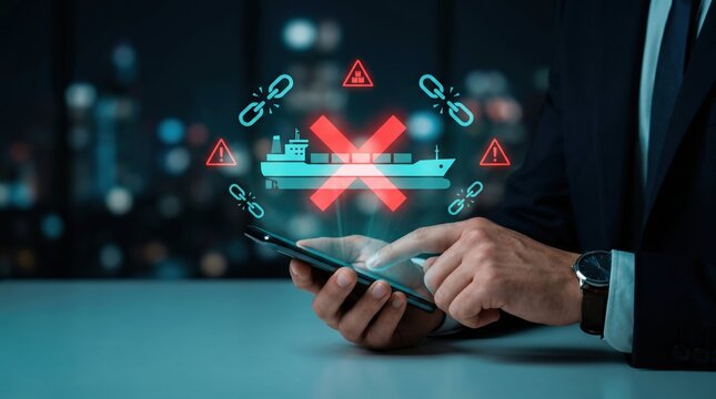 Supply Chain Disruption and Maritime Crisis Concept: Floating Holographic Oil Tanker with Red Warning Cross, Broken Chain Links, and Cargo Risk Emblems above Blurred Executive Hands