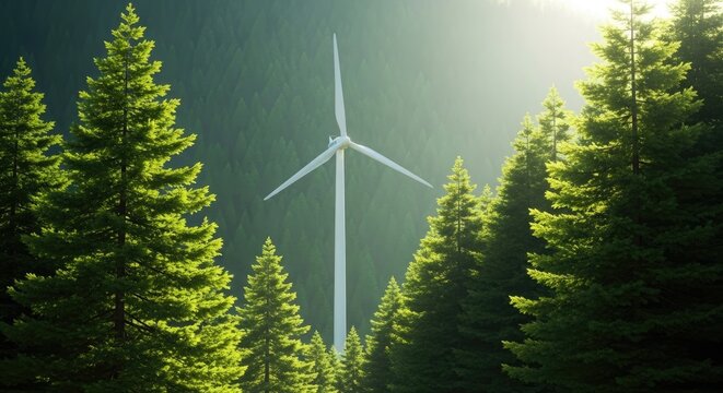 Modern wind turbine generating clean energy amidst a lush evergreen forest symbolizing sustainable power solutions