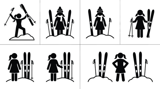 Detailed black vector illustration set featuring female skiers standing with their skis and snow poles