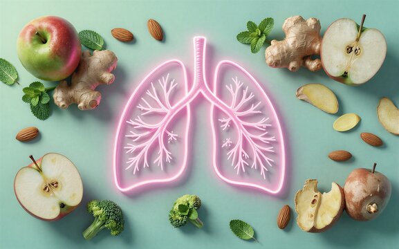 Healthy lungs symbolized by neon outline, surrounded by fruits and vegetables.