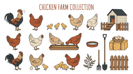 Chicken Farm Collection: Rooster, Hens, Chicks, Coop, Hay, and Tools © Hantu