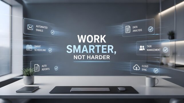 A minimal futuristic workspace with automated floating UI elements replacing manual tasks, smooth motion blur, clean tech aesthetic, and centered typography &ldquo;WORK SMARTER, NOT HARDER&rdquo;.