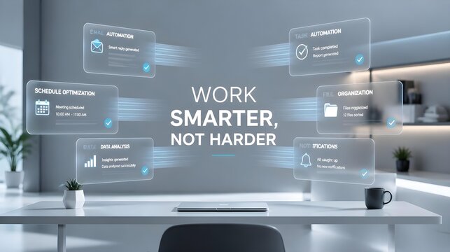 A minimal futuristic workspace with automated floating UI elements replacing manual tasks, smooth motion blur, clean tech aesthetic, and centered typography &ldquo;WORK SMARTER, NOT HARDER&rdquo;.