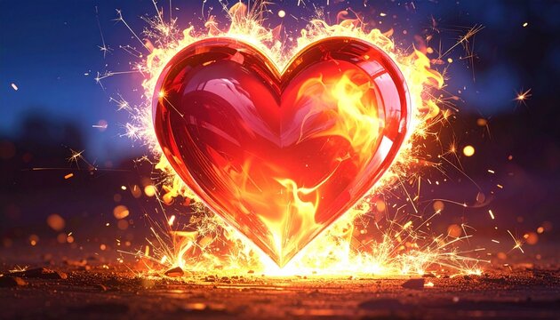 A radiant red heart engulfed in golden flames glows amid twilight shadows, symbolizing love&rsquo;s fierce energy, emotional transformation, and the eternal fire of human connection.