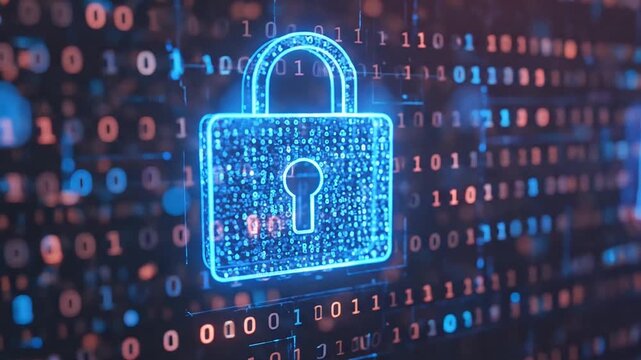 Glowing blue digital padlocks over a background of binary code and abstract bokeh lights