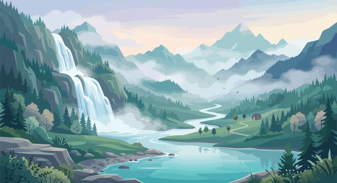 Majestic Mountain Landscape with Waterfall Cascading into a River Winding through Lush Pine Forests
