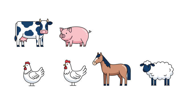 Farm animals standing side by side.