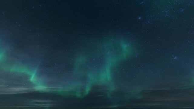Stunning Aurora Borealis dancing across the night sky over a serene landscape.