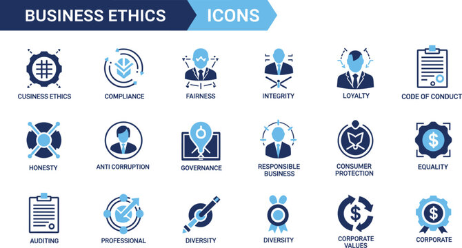 Corporate values icons a collection of flat vector illustrations representing business ethics and conduct compliance fairness integrity loyalty code honesty anti corruption governance