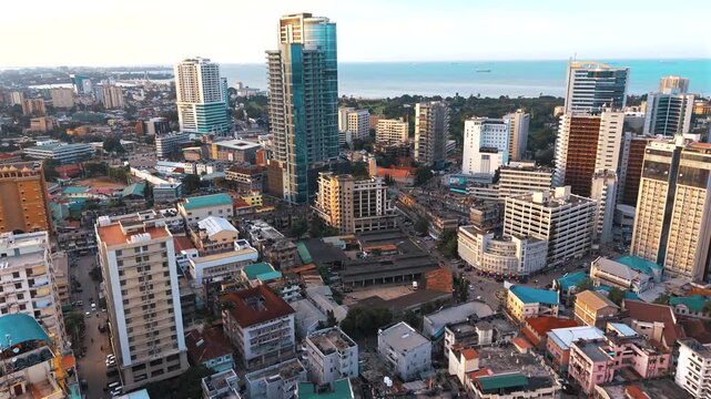 Aerial view of Dar es Salaam showcasing urban growth, business districts, and a rapidly developing economy.