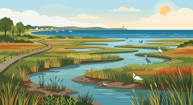 Beautiful Coastal Wetland Landscape Illustration with Winding River Marsh Birds and Boardwalk Path