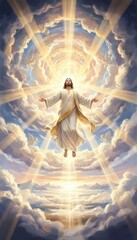 Naklejka premium Jesus Christ ascension in heaven with golden light rays and flying angels. Religious digital art painting with divine clouds for Christian Easter, church poster