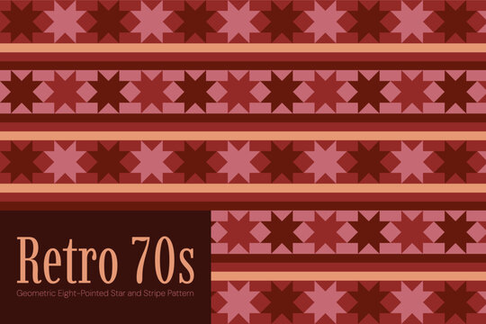 Retro 70s Seamless Geometric Eight-Pointed Star and Stripe Pattern in Warm Red and Maroon