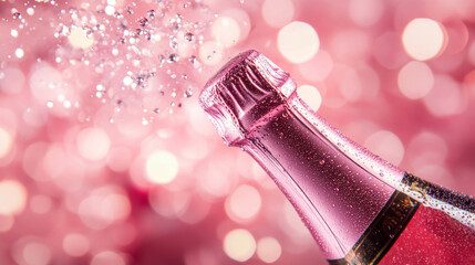 Obraz premium Pink Champagne Bottle with Bubbles on Sparkling Background