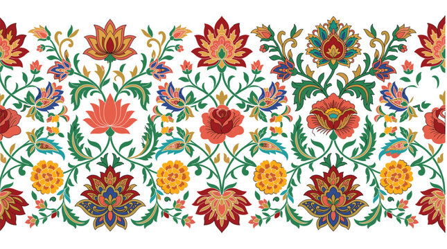 Traditional Mughal floral border pattern with colorful folk flowers