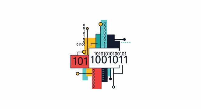 Colorful abstract graphic illustration of binary code and circuit board elements