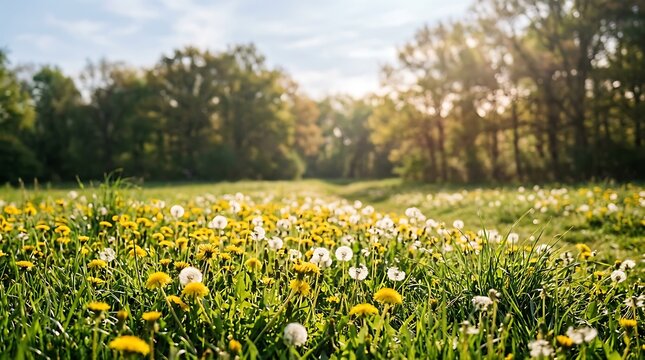 Beautiful spring meadow with yellow dandelions and white fluffy seed heads in the warm golden sunlight