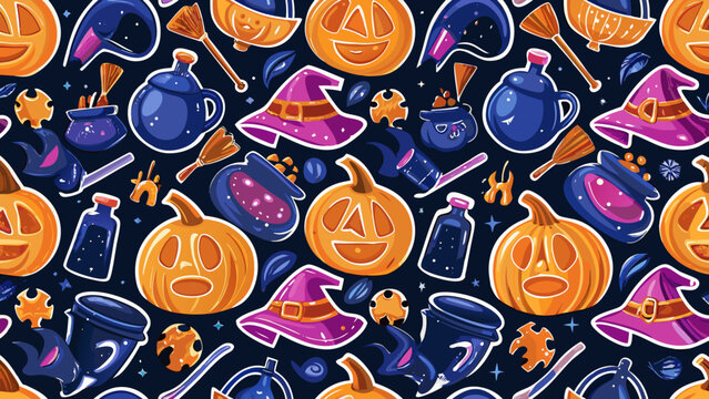 Halloween themed vector illustration featuring pumpkins witch hats potion bottles and broomsticks on a dark background autumnal broom