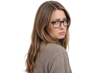 Obraz premium Unhappy Disappointed Woman with Glasses Looking Over Her Shoulder Isolated on Transparent Background