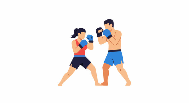 A female and male boxer face off in a fighting stance