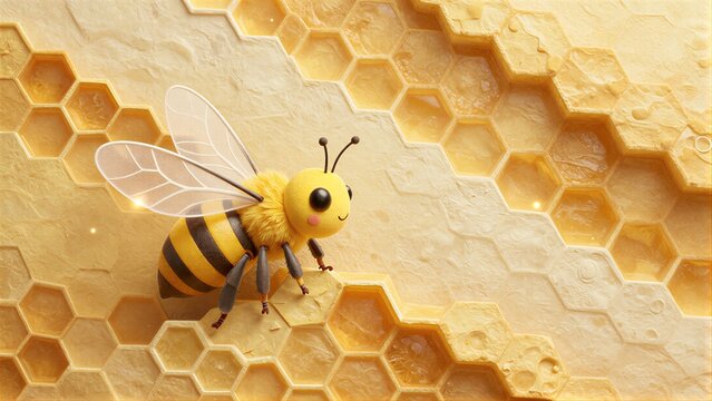 Cute bee perches on golden honeycomb, smiling amidst hexagonal sweetness.