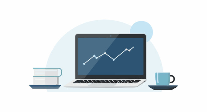 A laptop with a line graph on the screen sits between a stack of books and a coffee cup