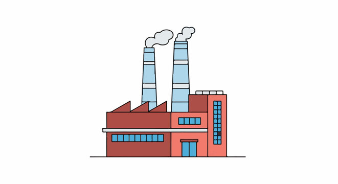 A cartoon drawing of a factory with two smoking chimneys