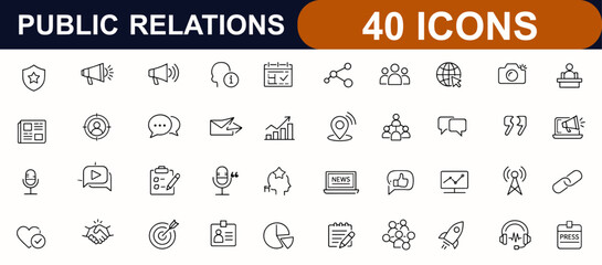 Public Relations web icons in line style. Brand reputation, press, social media, news planning, interview, feedback, megaphone, marketing set. Editable stroke. Vector illustration. © Senoara Studio