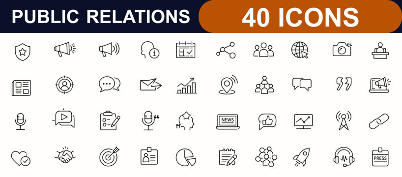 Public Relations web icons in line style. Brand reputation, press, social media, news planning, interview, feedback, megaphone, marketing set. Editable stroke. Vector illustration.