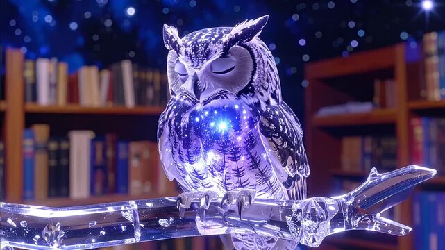 A shimmering crystal owl with a glowing starry chest perches on a crystalline branch in a magical library at night