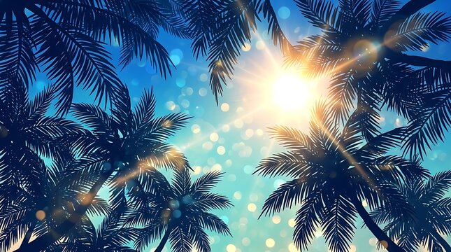 Tropical palm tree leaves silhouette against a bright sunny blue sky with bokeh light effects