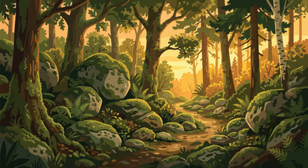 Fototapeta premium Peaceful Enchanted Woodland Scenery with Golden Sunlight Filtering Through Tall Trees and Mossy Path