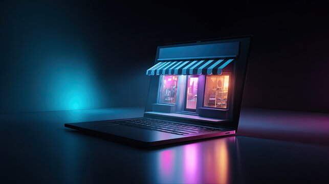 Laptop displaying online store storefront in vibrant neon light