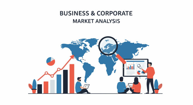 A graphic illustration depicting a business and corporate market analysis scene with people examining charts and graphs