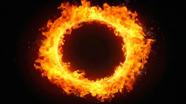 Circular fiery ring with orange and yellow flames burning brightly on a dark black background